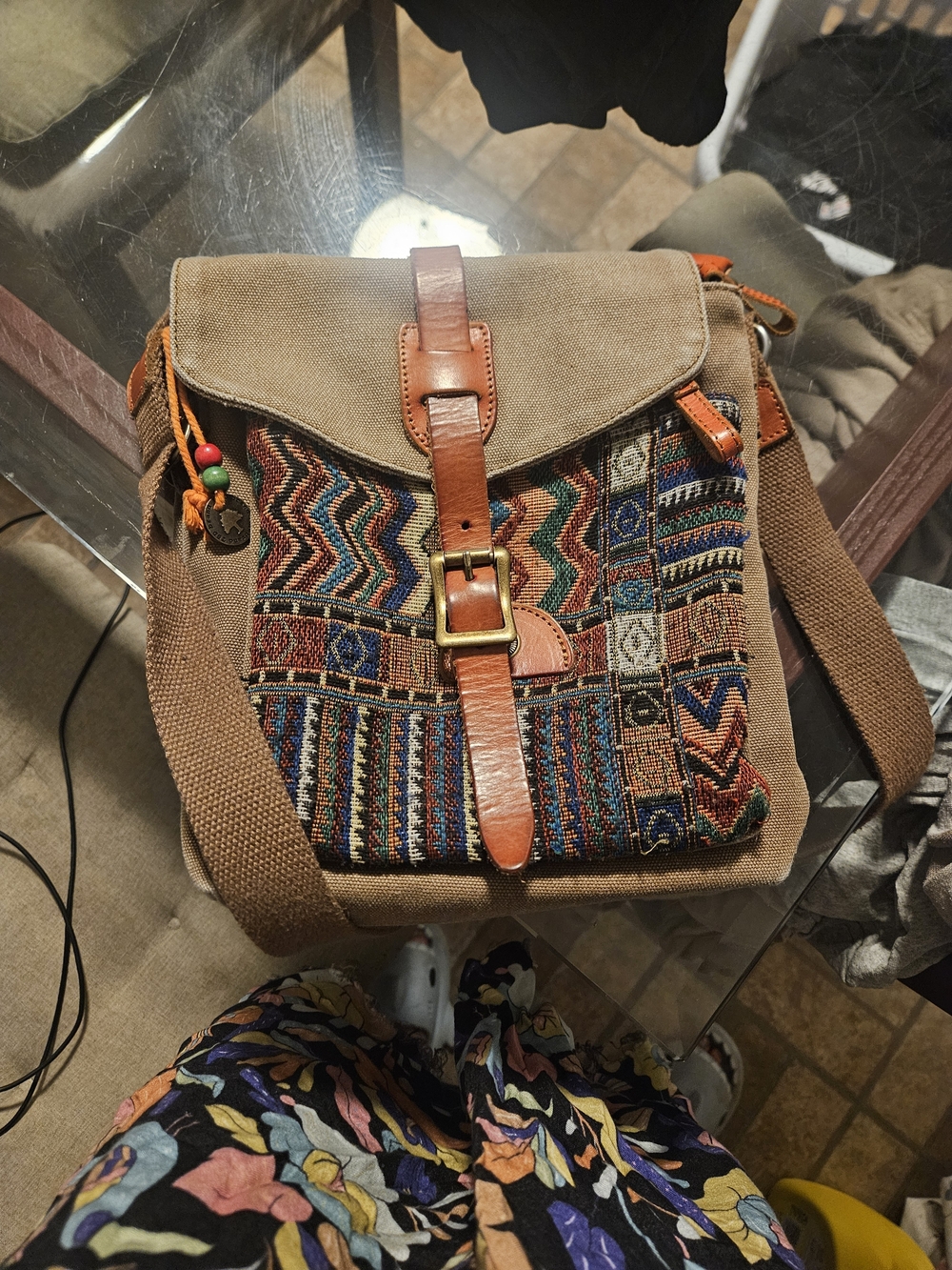 Boho Canvas Crossbody Bag with Woven Multicolor Front in Brown
